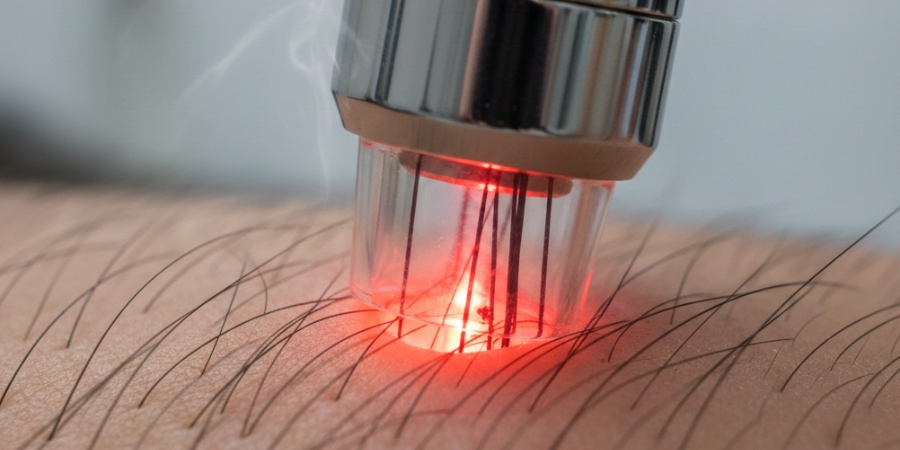 Close-up of the laser handpiece passing over skin, the red light reaching hair follicles