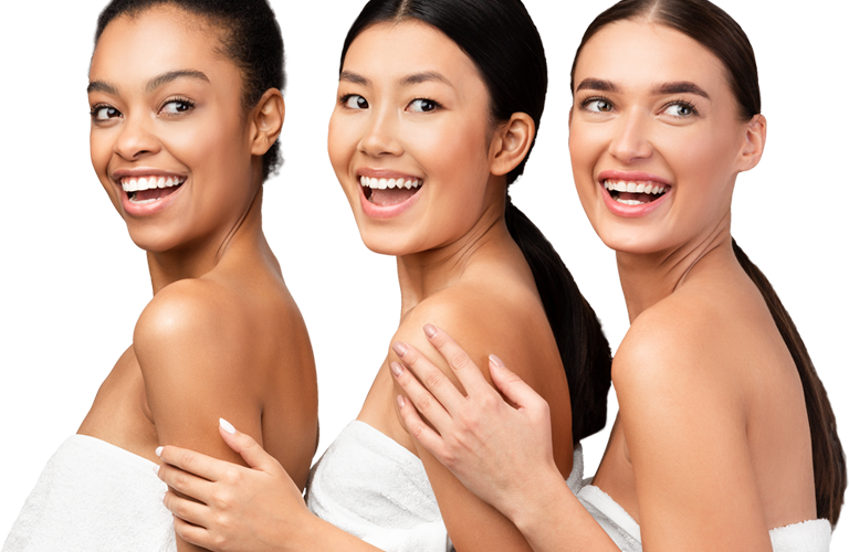 Three smiling models with smooth, healthy skin after coLaz laser hair removal