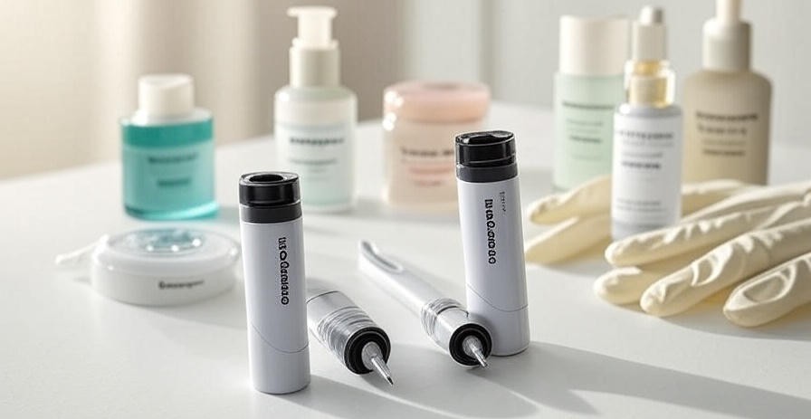 Dermapen microneedling handpieces with different needle-depth cartridges on a coLaz treatment surface