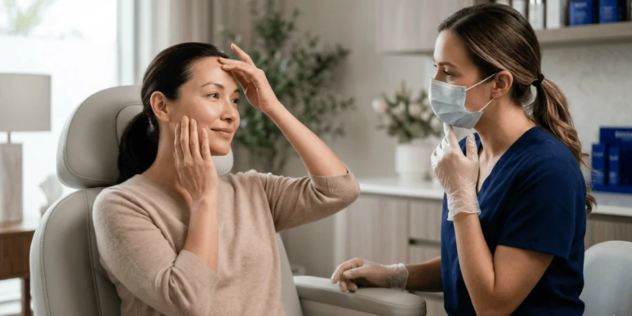 CoLaz clinician walking a patient through facial assessment and aftercare expectations during a PDO thread lift consultation